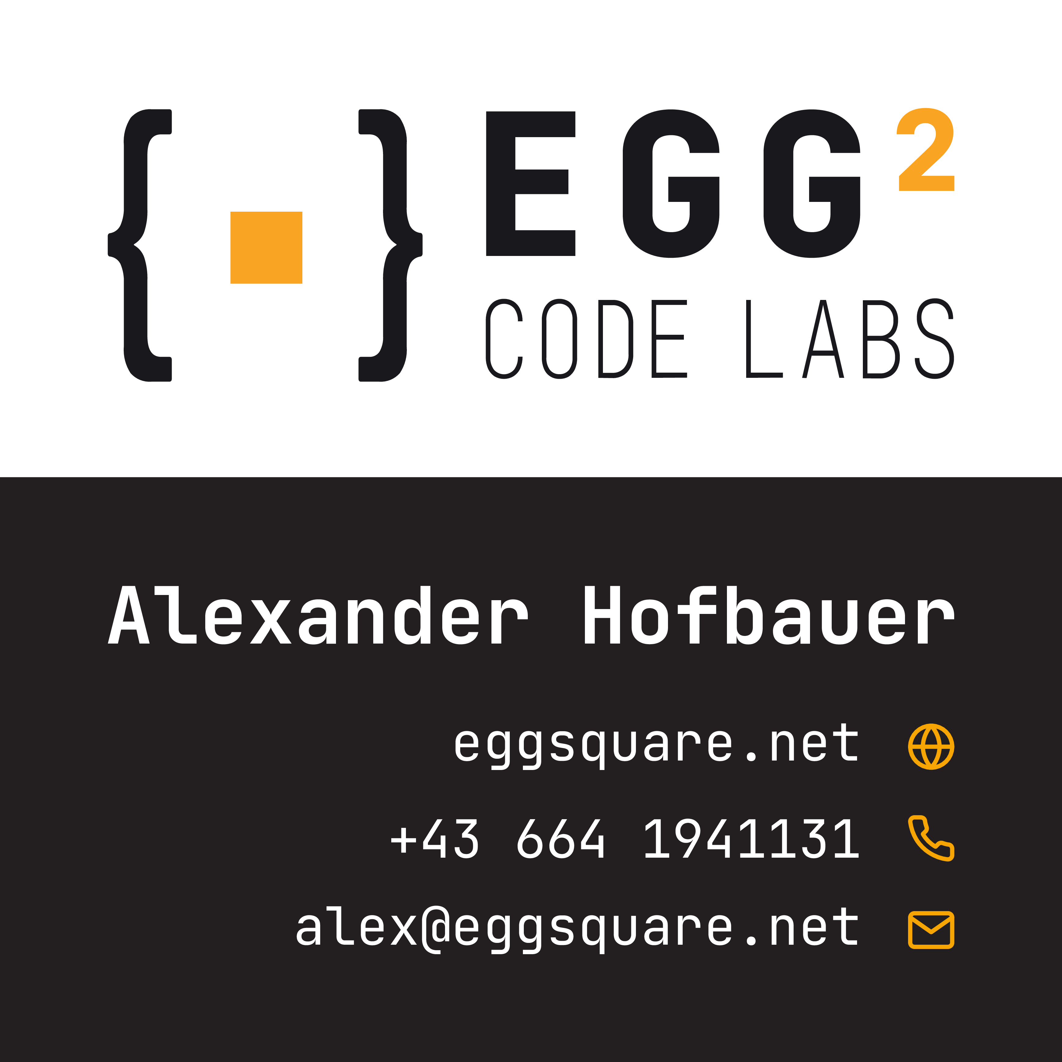 Front face of a square business card with logo on white and contact information on dark grey background